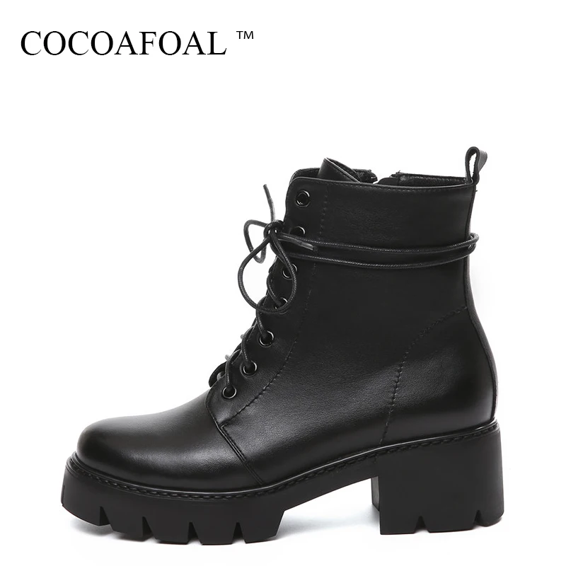 

COCOAFOAL Woman Autumn Winter Lace Up Chelsea Ankle Boots Fashion Black High Heeled Shoes Genuine Leather Lace Up Martin Boots