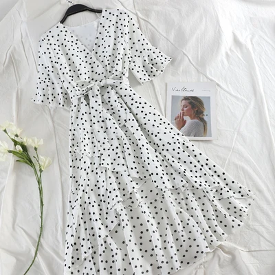 SINGRAIN женское асимметричное платье в горошек с рюшами, летние вечерние платья в стиле бохо с винтажным принтом, элегантное пляжное длинное шифоновое платье в Корейском стиле - Цвет: white