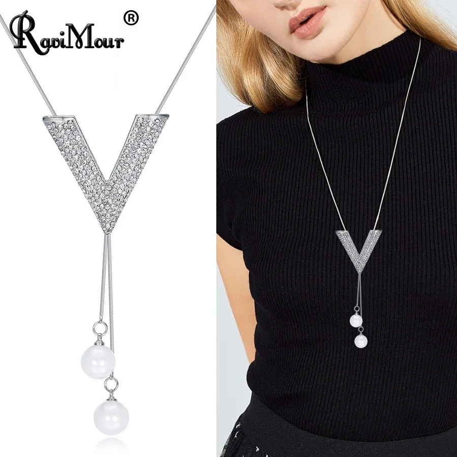 

RAVIMOUR Brand New Women Necklaces & Pendants Big V Crystal Chokers Chain Long Necklace Trendy Statement Sweater Collares Mujer