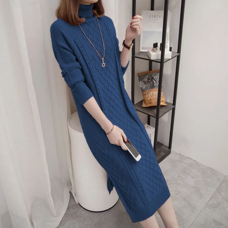 New Fashion Autumn Winter Women Knitting Middle Long Dresses Female Turtleneck Long Sleeve Warm Thick Dresses Pullovers F15 - Цвет: Синий