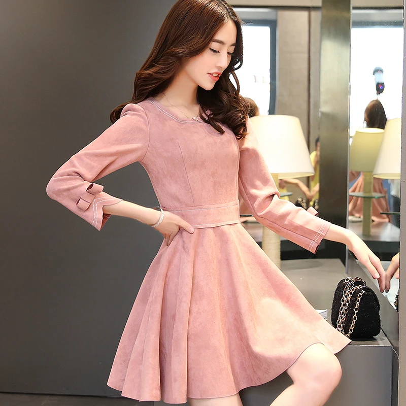 

60 Colors Spring summer autumn Customize Size female three quarter sleeve Korean elegant high waist pendulum slim suede dresses
