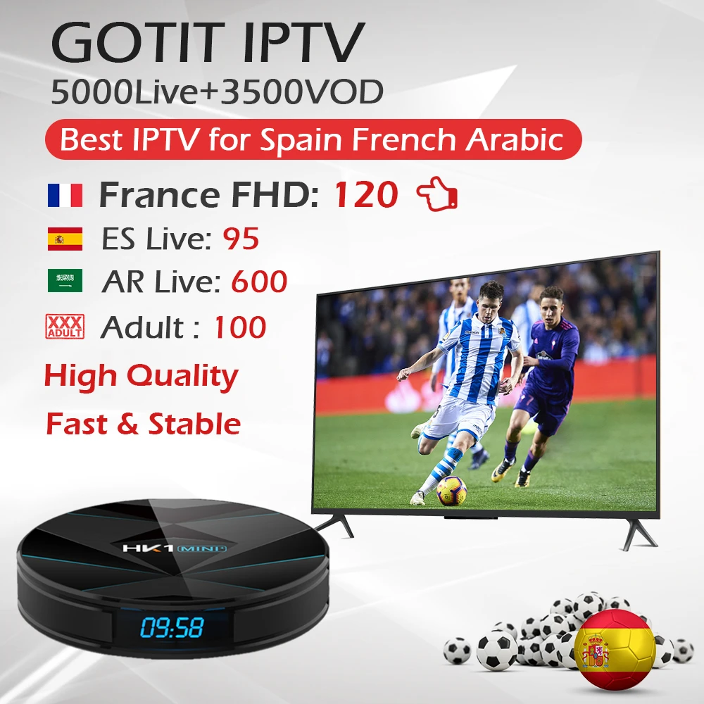 

KING IPTV+HK1Mini RK3328 Android 9.0 Smart TV Box Quad Core 4G/64G Dual Wifi 4k BT4.0 Set Top Box Adult French Spain Arabic IPTV