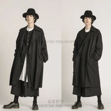 Мужское длинное темно-черное Свободное пальто, простая ветровка с отворотом. S-6XL