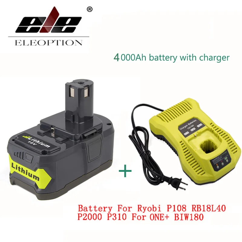 

ELEOPTION With Charger 18V 4000mAh Li-Ion Rechargeable Battery For Ryobi 18v battery and charger P108 P310 For ONE+ BIW180