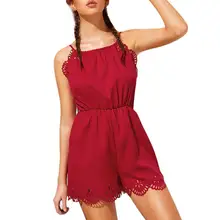 Модные женские без рукавов с открытыми плечами однотонные кружевные повседневные кофта комбинезон лето красный цельный женский комбинезон