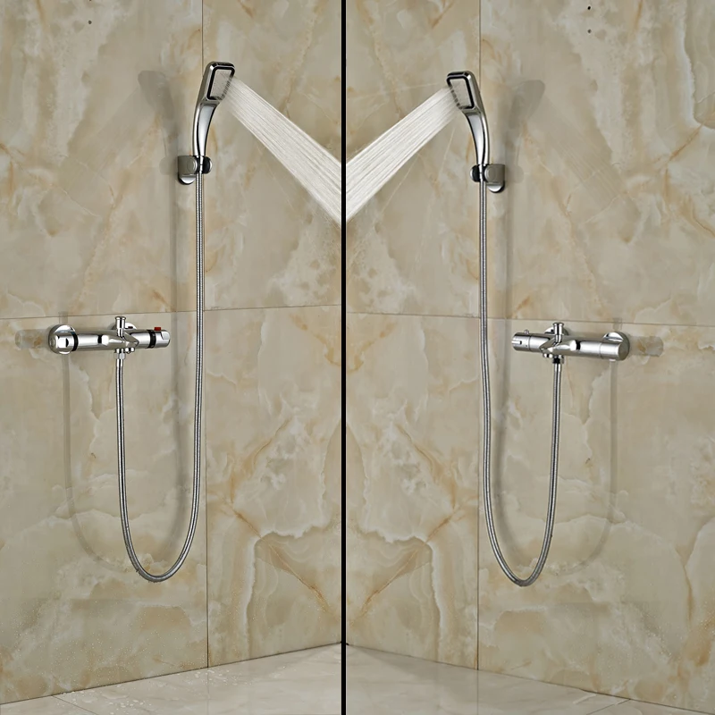 

Polished Chrome Handheld Thermostatic Shower Faucet Dual Handle with Hand Shower Bracket
