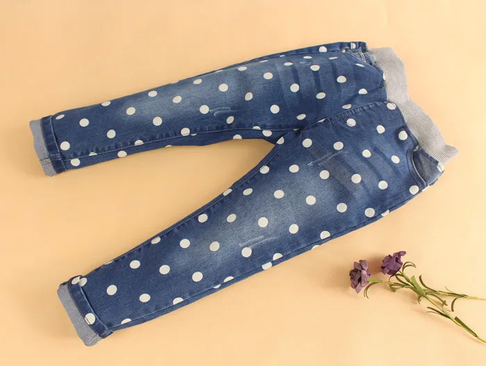 

Free Shipping Baby Girls Autumn Spring Denim Jeans Girls Skinny Jeans Long Pants Kids Dot-pattern Jeans Child Casual Trousers