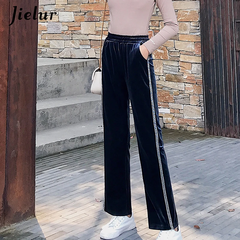 navy velvet wide leg trousers