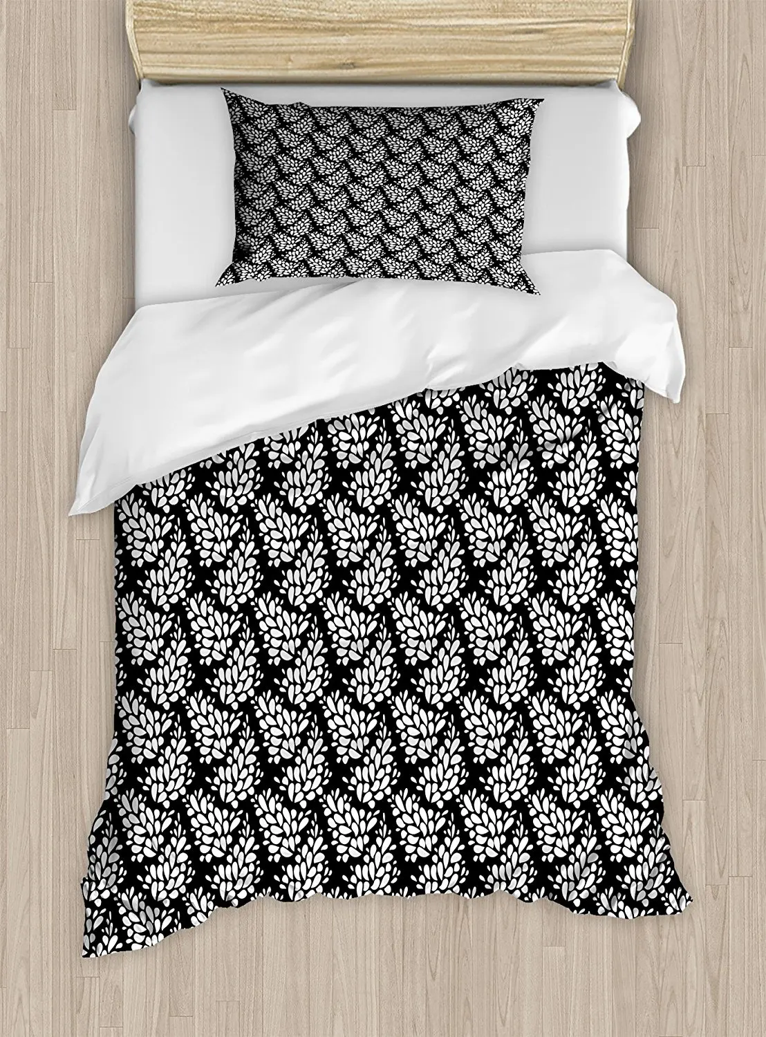 Black and White Duvet Cover Set Abstract Doodle Style Leaves
