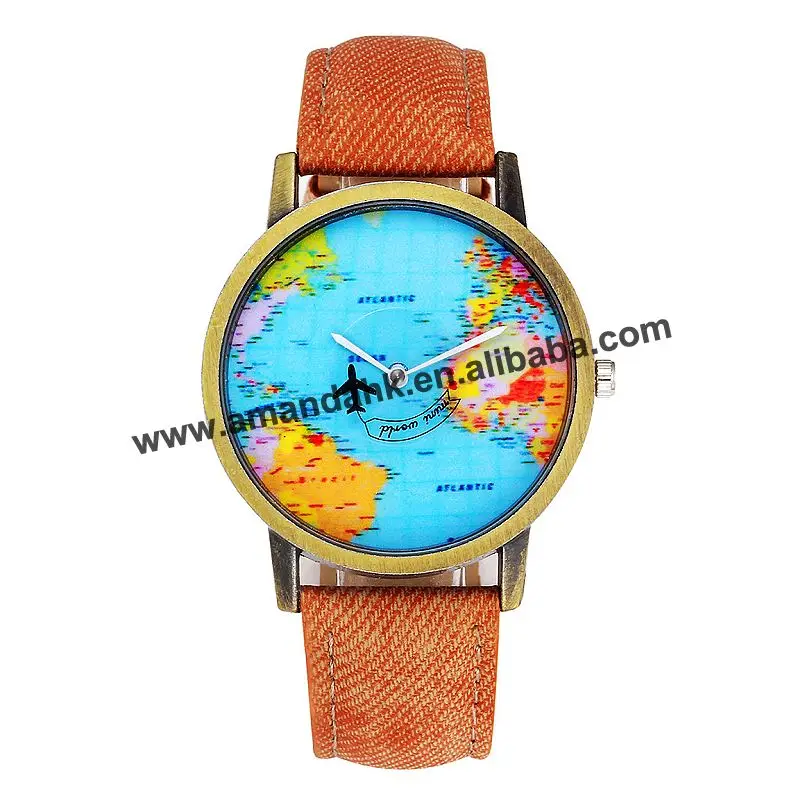 

Fashion Plane Ocean Map Alloy PU Leather Quartz Analog Round Dial Jean Watch Wristwatch Clock For Women Ladies Men Wrist Watches