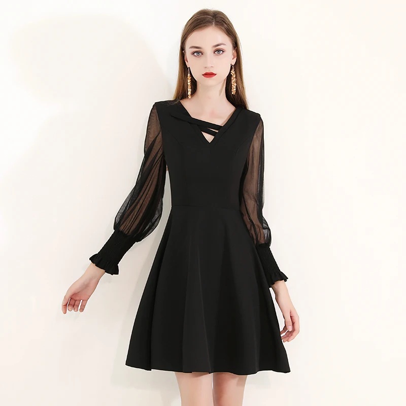 Simple Black V nevk Short Vestidos De Festa Full Sleeve A line Formal Evening Dresses Hepburn
