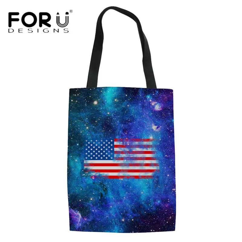 

FORUDESIGNS 3D Galaxy USA Flags Printing Shopping Bags Women Durable Eco-friendly Linen Tote Bag School Girls Magazine Handbags