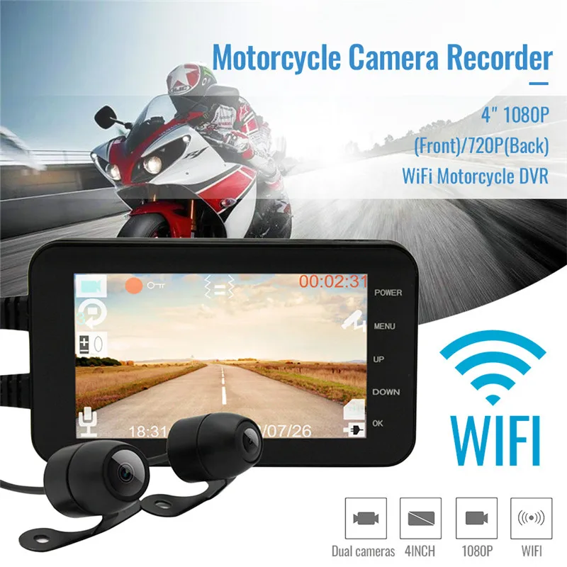 

4" 1080P(Front)/720P(Back) WiFi Motorcycle DVR Driving Video Recorder Front & Rear Camera Dash Cam