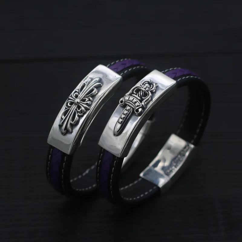 

Starfield S925 Sterling Silver Retro Thai Silver Cross Holy Sword Leather Male Female Bracelets