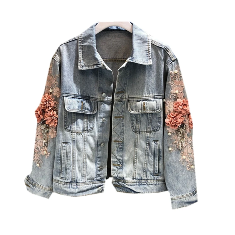 Kaufen 2019 herbst frauen gesticktes dreidimensionale blume kurze waschen lange ärmeln denim jacke licht blau weibliche jeans jacke 1833