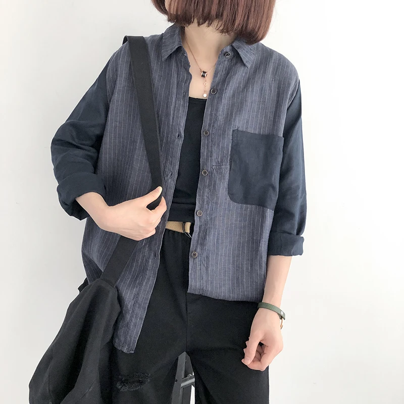 

Women Shirt Contrast Color 2019 Summer Spring Striped Cotton Linen Thin Shirt Female Long Sleeve Casual Cardigan YoYiKamomo