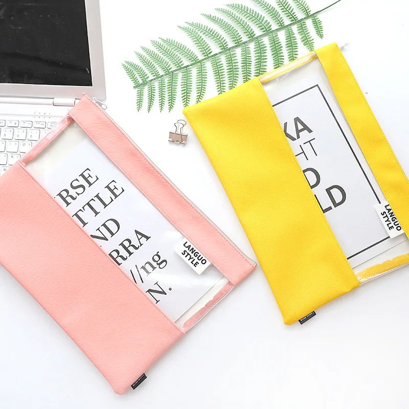 

Simple Solid color PU Paper Bag Transparent Waterproof Kit Korea Small fresh a4 Office File Paper clip folder filing products