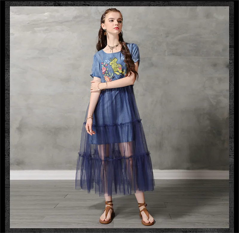 Summer Sexy Mesh Dress 2019 Vintage Women Denim Dresses Tiger Embroidery Chiffon Patchwork Vestido O-neck Dress KE82176 (9)