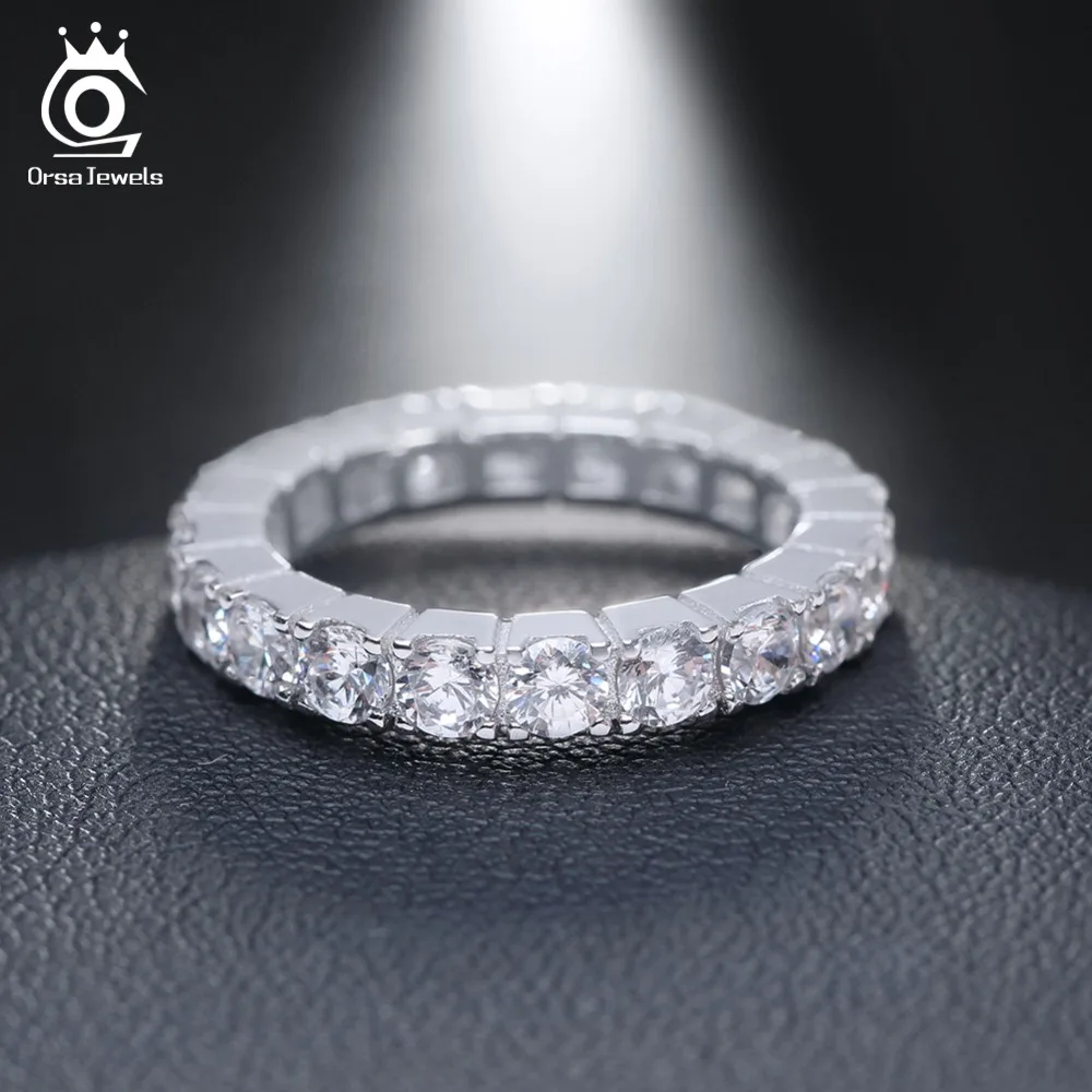 ORSA JEWELS Luxury Austrian Crystal Finger Eternity Ring with Purple or Clear AAA Cubic Zirconia Silver Color Ring Jewelry OR31