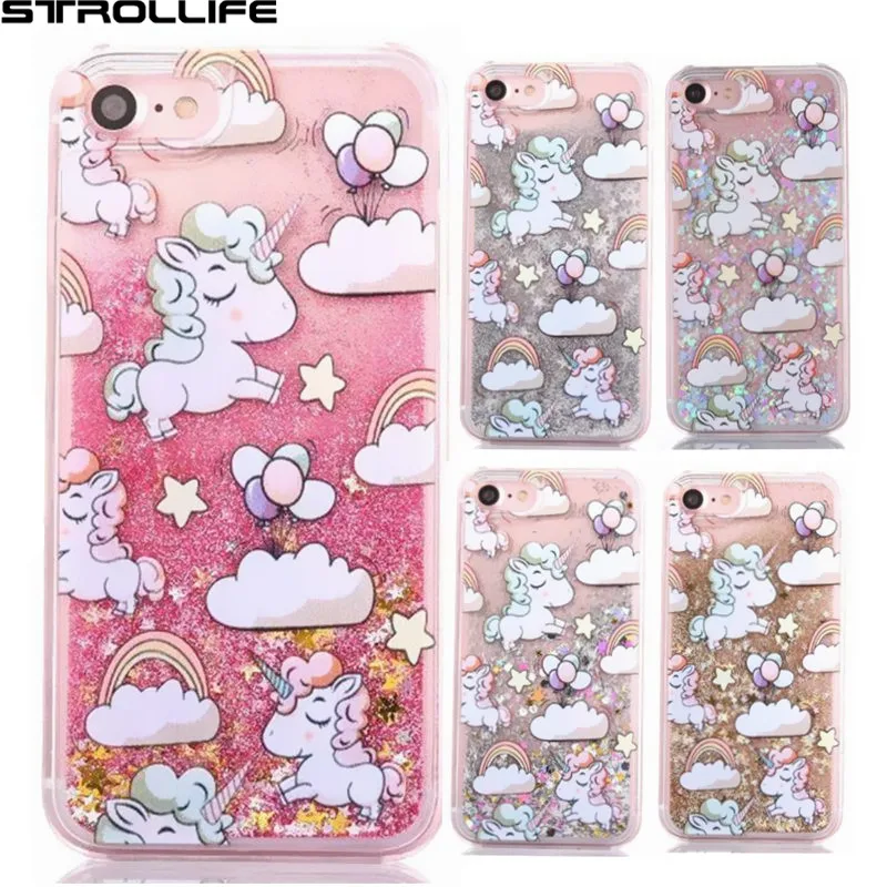 

STROLLIFE Cartoon Rainbow Unicorn Dynamic Liquid Quicksand Glitter Phone Cases For iphone 5 SE 5s Colorful Hard Back Cover Coque