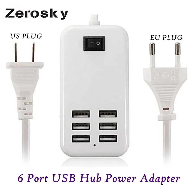 Zerosky EU US Plug Home Travel Charger Wall Power Adapter 6 Ports USB Socket Hub +1 Switch For iPhone/Samsung/HTC/LG/iPod