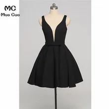 Простые черные платья на выпускной, вечер встречи выпускников короткое с глубоким v-образным вырезом Свадебное платье для выпускного бала платье для выпускного вечера коктейльное платье