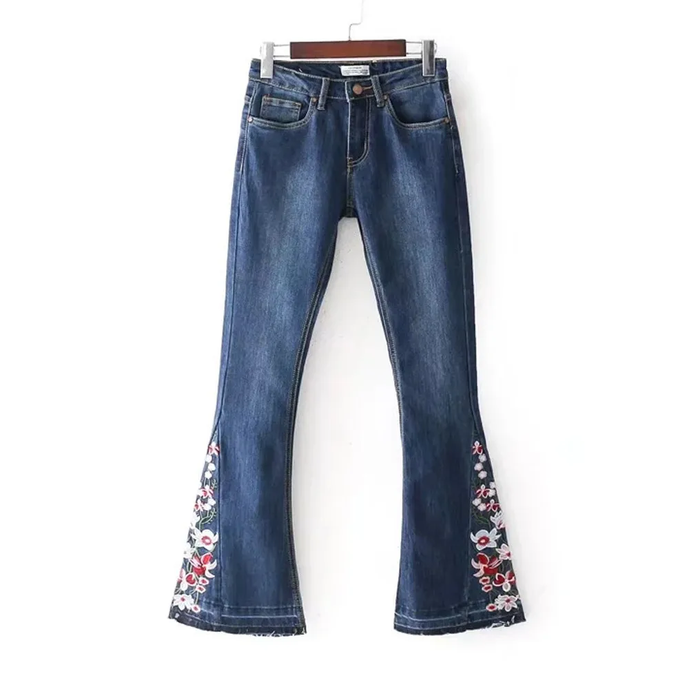 Свободные женские Стрейчевые джинсы с высокой талией и вышивкой, женские джинсовые штаны с цветочным принтом, штаны женские джинсы, расклешенные брюки N30 - Цвет: Blue
