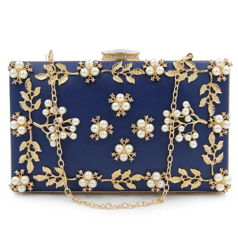 Women Clutches Pearls Evening Bag Clutch Purse Bags(Navy blue)