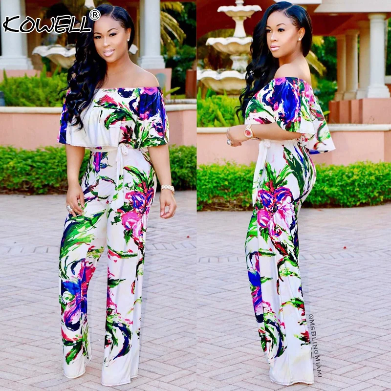 Hot Sale Bohemian Palm Print Lace Up Jumpsuits&Rompers Off Shoulder Plus Size Women Jumpsuit Summer Beach Sexy Jumpsuit Overalls