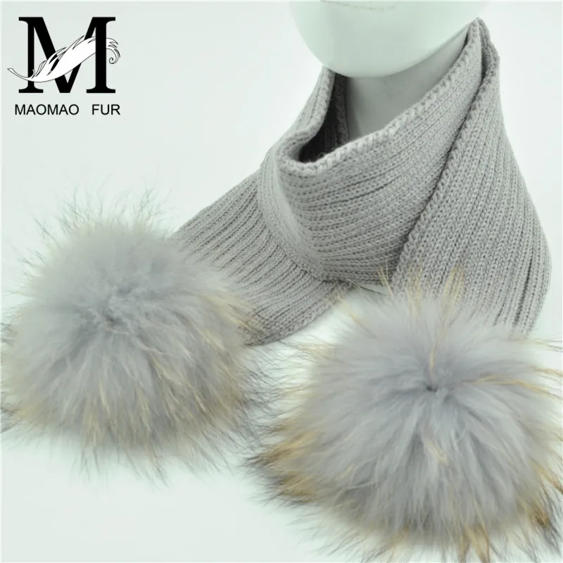 Jaxmonoy Child knitted Wool Scarf Winter Kids Scarves With Detachable Real Raccoon Fur PomPoms Baby Girl Boy Neck Warmer Scarf
