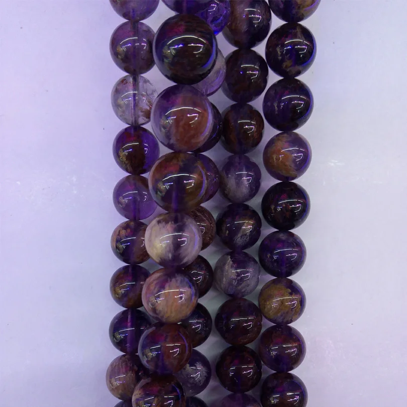 

No DYE Natural Russian Purple Ghost 6/8/10/12mm Purple Silk Copper Wire Quartz Smooth Round Charm Gem Stone for Jewelry Making