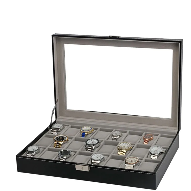 Черный/коричневый/белый из искусственной кожи Дисплей чехол для бренд ювелирные часы Box Дело 24 Сетки Организатор Коробка для хранения часы