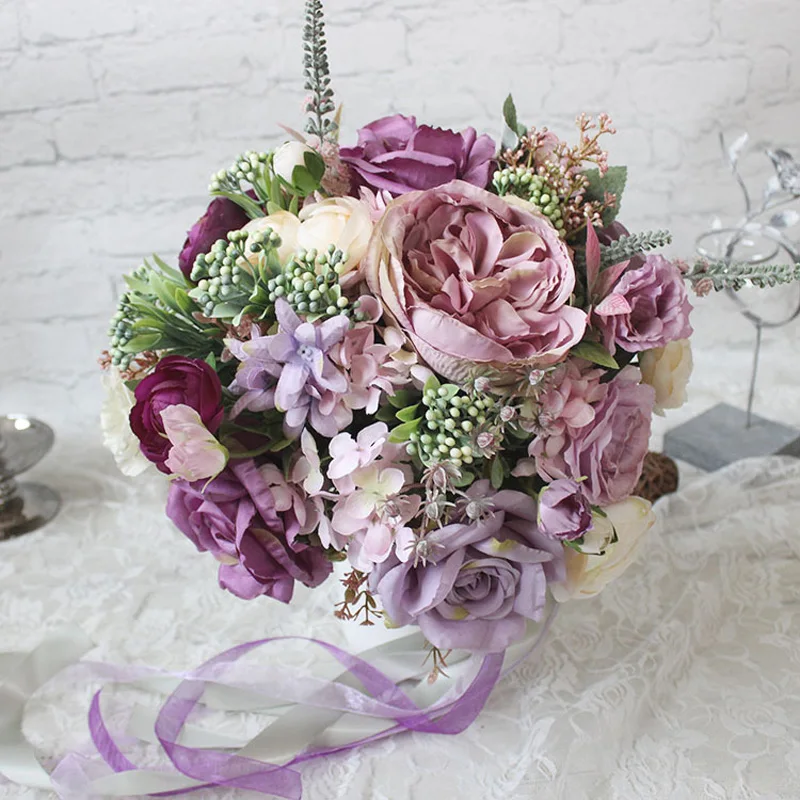 1pc Purple Bridal Bouquet Artificial Wedding Flowers Holder 1pc Purple Bridal Bouquet Artificial Wedding Flowers Holder Handmade Silk Faux Flower With Berries Marriage Decoration In Dried