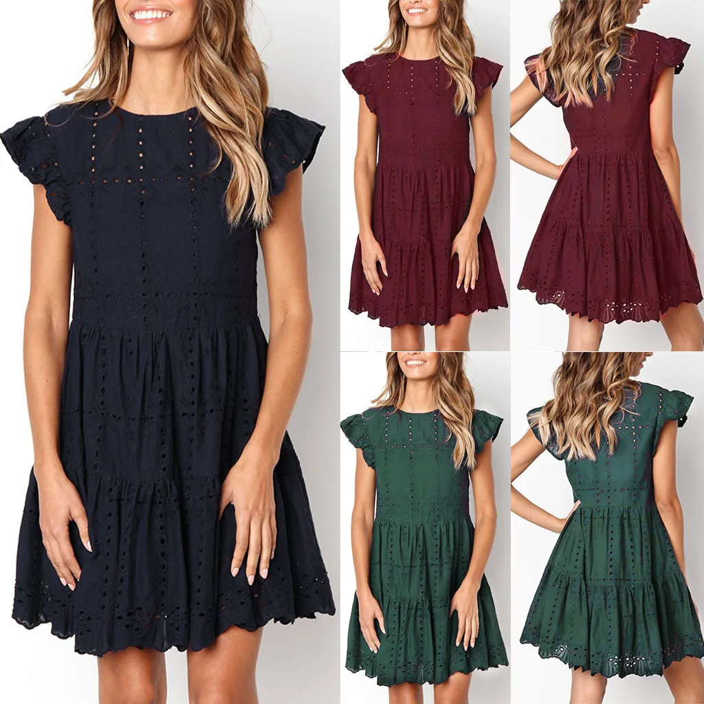 

Dress Fashion Women Casual Ruffles Sleeve Ladies O-Neck Hollow Out Ruched A-Line Dress Vestidos Summer Female Beach Dress M40#