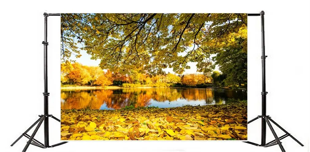 

Photography Backdrop Autumn Golden Leaves River Trees Blue Sky White Cloud Nature