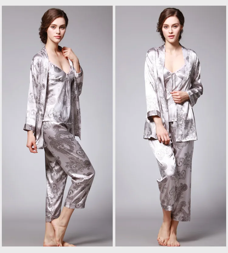 QWEEK Sexy Sleep Lounge 3 Pieces V-Neck Women Pajamas Set Elegant Print Long Sleeve Pyjamas Women Sleepwear Women Nightwear