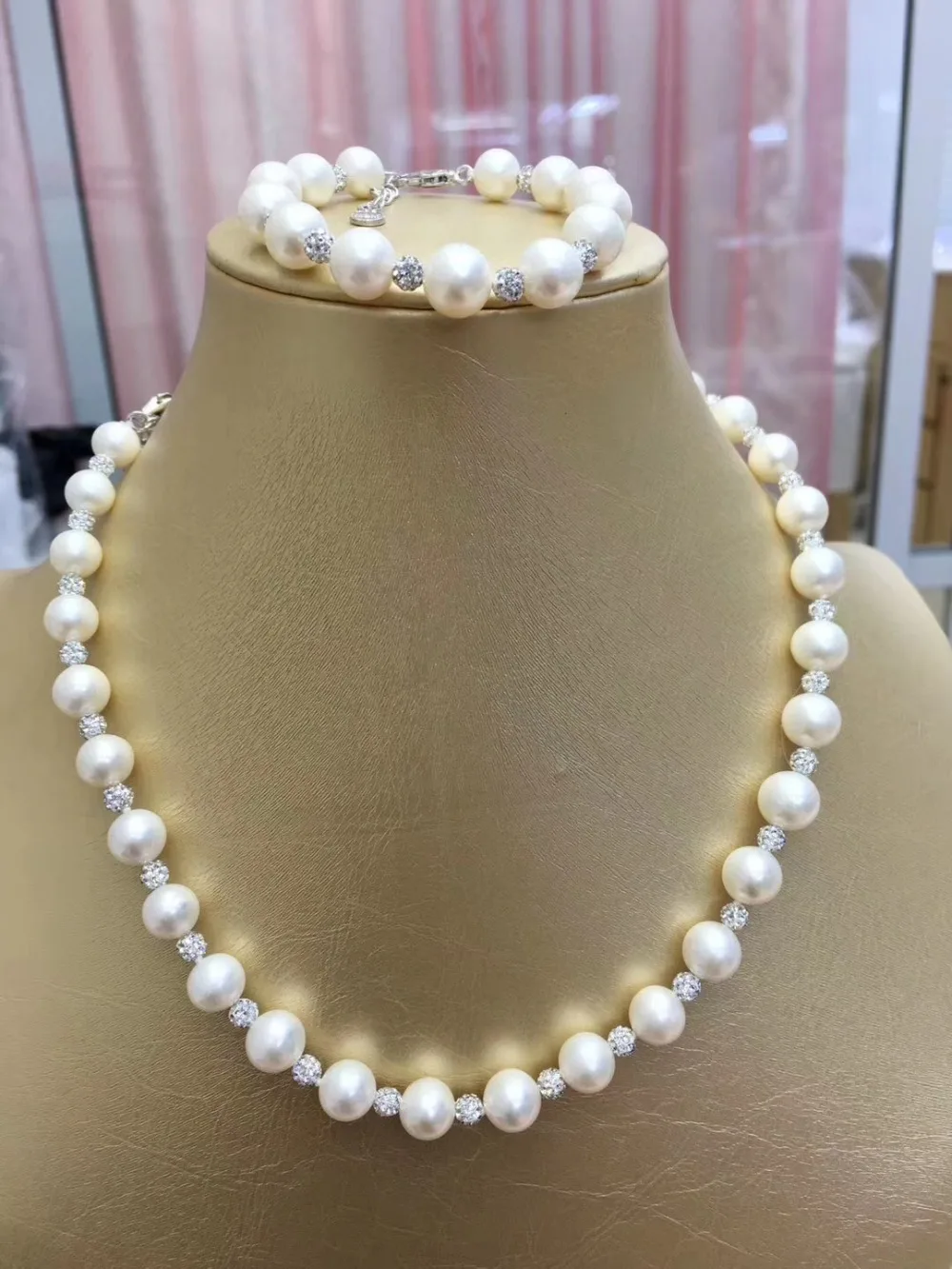Fashion crystal freshwater pearls strands necklace bracelet fine jewewlry set for women Mom high luster pearl 9-10mm diameter
