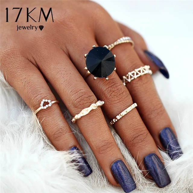17KM 6Pcs/Set Vintage Heart Big Black Stone Knuckle Rings For Woman 2018 New Hol 17KM 6Pcs/Set Vintage Heart Big Black Stone Knuckle Rings For Woman 2018 New Hol