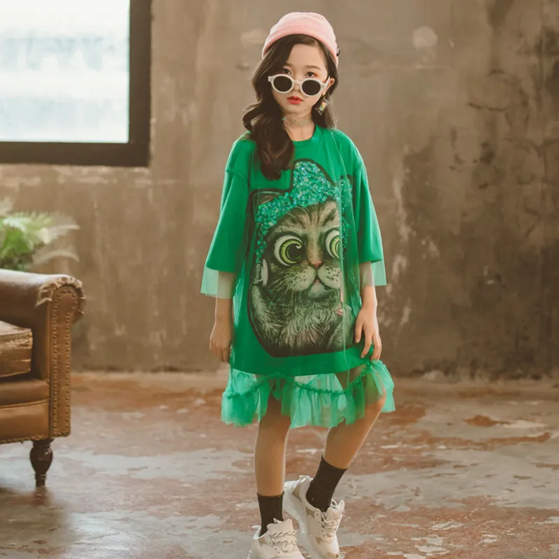 

False Two-piece Cartoo Princess Green Dress Mesh Lace Big Cat Print Girl Spring Summer Dress 2019