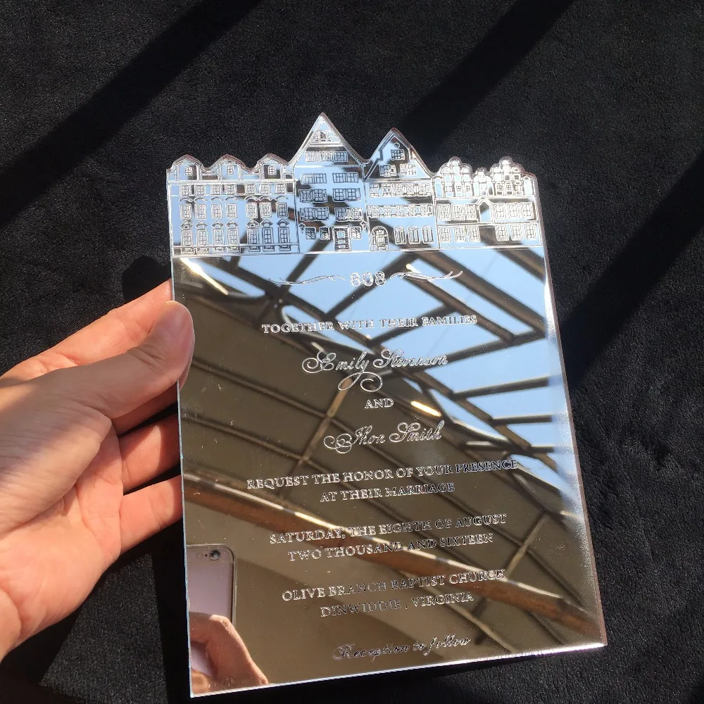  Customized A5 size 148X210mm Laser Engraved Letters Silver Mirror acrylic wedding invitation card 1 - 32839434095