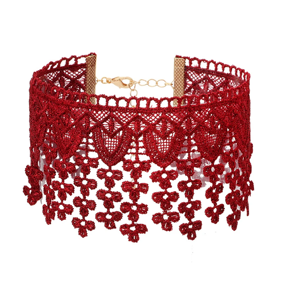 Retro Wine Red Lace Choker Necklace Chokers For Women Flower Tassel