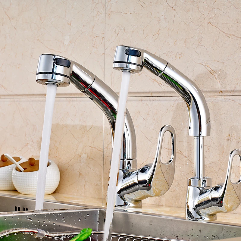 Chrome Polished Kitchen Sink Faucet Single Handle Pull Out Mixer Tap Deck Mount