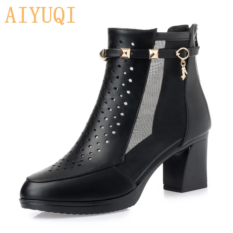 

AIYUQI Women's mesh sandals 2019 spring new genuine leather women's high heel sandals, large size 41 42 summer dress shoes women