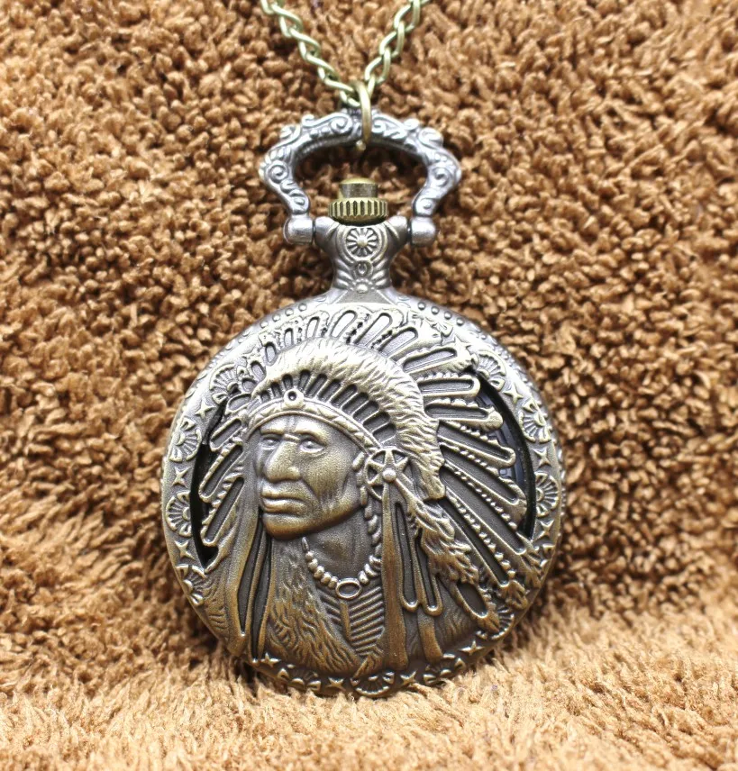 

Vintage Bronze Antiques Quartz Indian Pattern Clock Pendant Men And Woman Necklace Pocket Watch