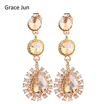 

Grace Jun New 7 Colors Choose Austrian Crystal Clip on Earrings Non Piercing for Women Elegant Waterdrop Earrings Bijouterie