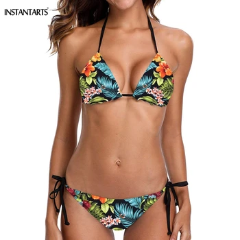 

INSTANTARTS Hawaii Tropical Leaves/Floral Printing Woman Bikini Set Bathing Beach Wear Halter Padded Swimming Suits Breathable