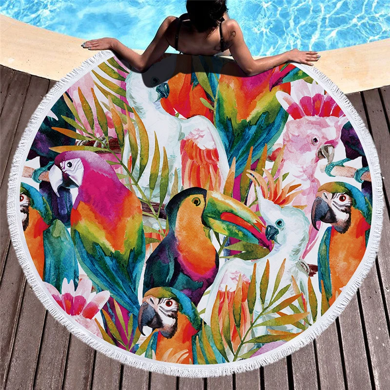 Яркое круглое пляжное полотенце с 3D принтом попугая и тукана, с кисточками, тропические растения, коврик для йоги, банное полотенце, диаметр 150 см