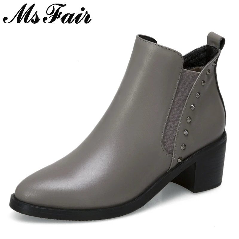 

MSFAIR Women Boots 2018 Fashion Metal Rivet Ankle Boots Women Shoes Pointed Toe High Heel Boot Shoes Square Heels Boots For Girl