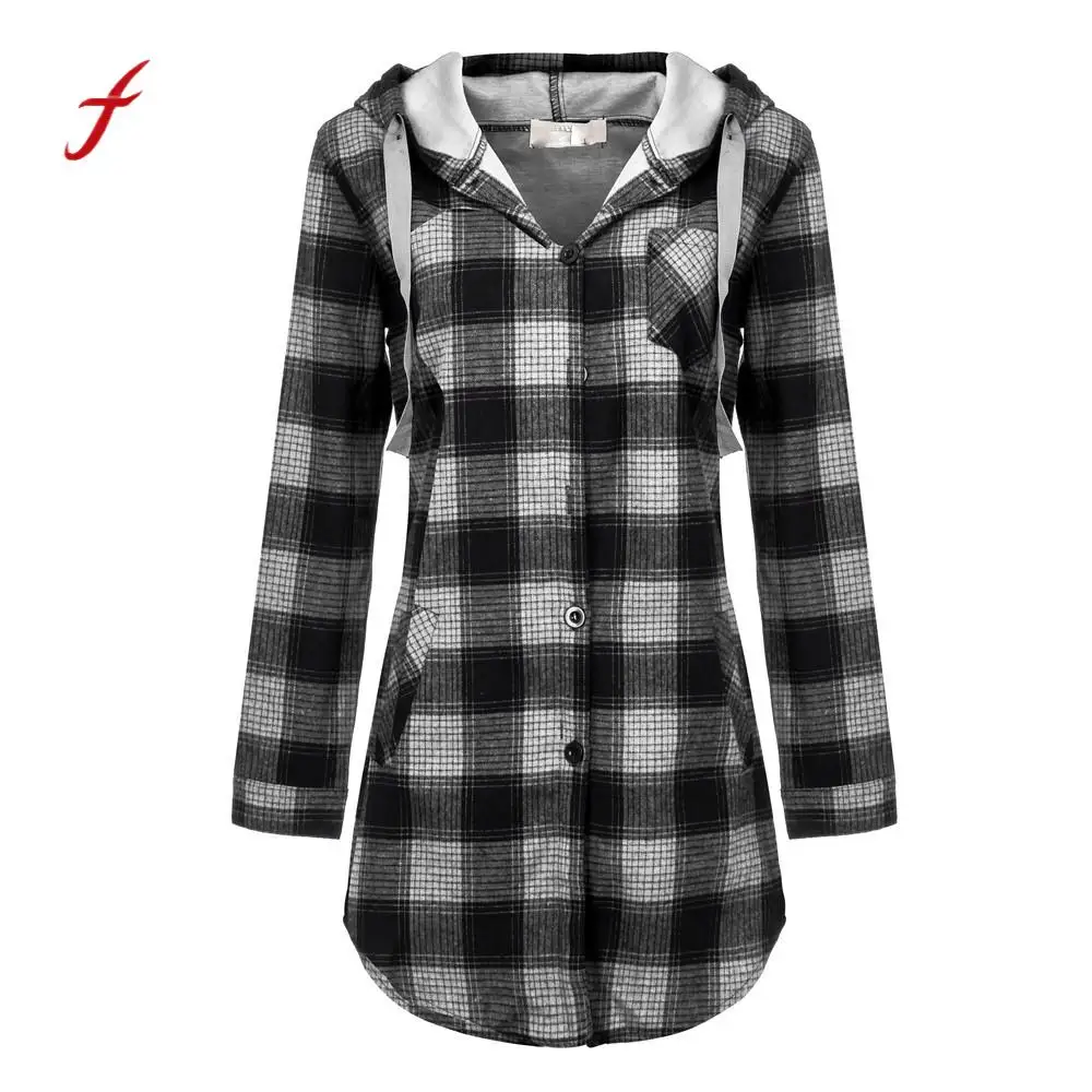 

Plus Size Women Coat 2018 Long Sleeve Plaid Print Hoodies Parkas Ladies Thicken Button Long Coat Plus velvet Hooded Coat /PT