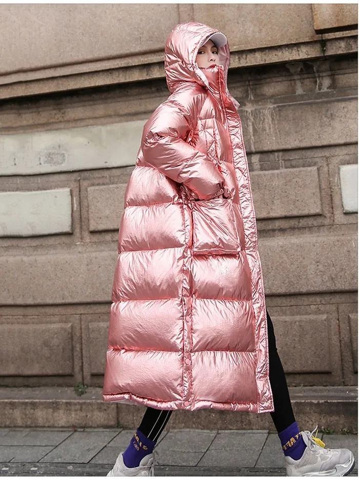 ZURICHOUSE блестящая зимняя куртка Женская Длинная с капюшоном Свободная верхняя одежда Мода размера плюс пуховые куртки пуховые стеганые пальто для женщин